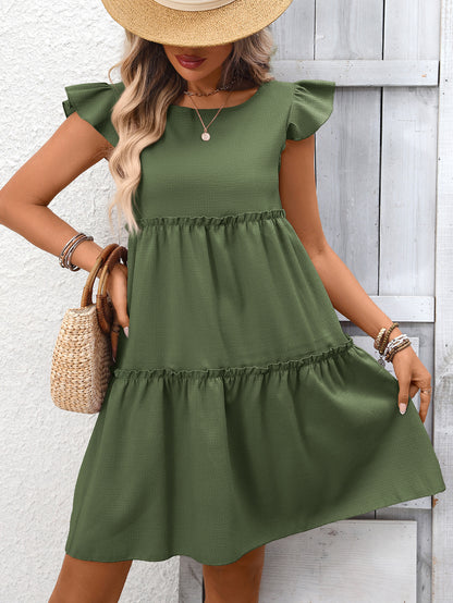 Solid Chiffon Mini Dress Boho Tiered Ruffle Flutter Sleeve