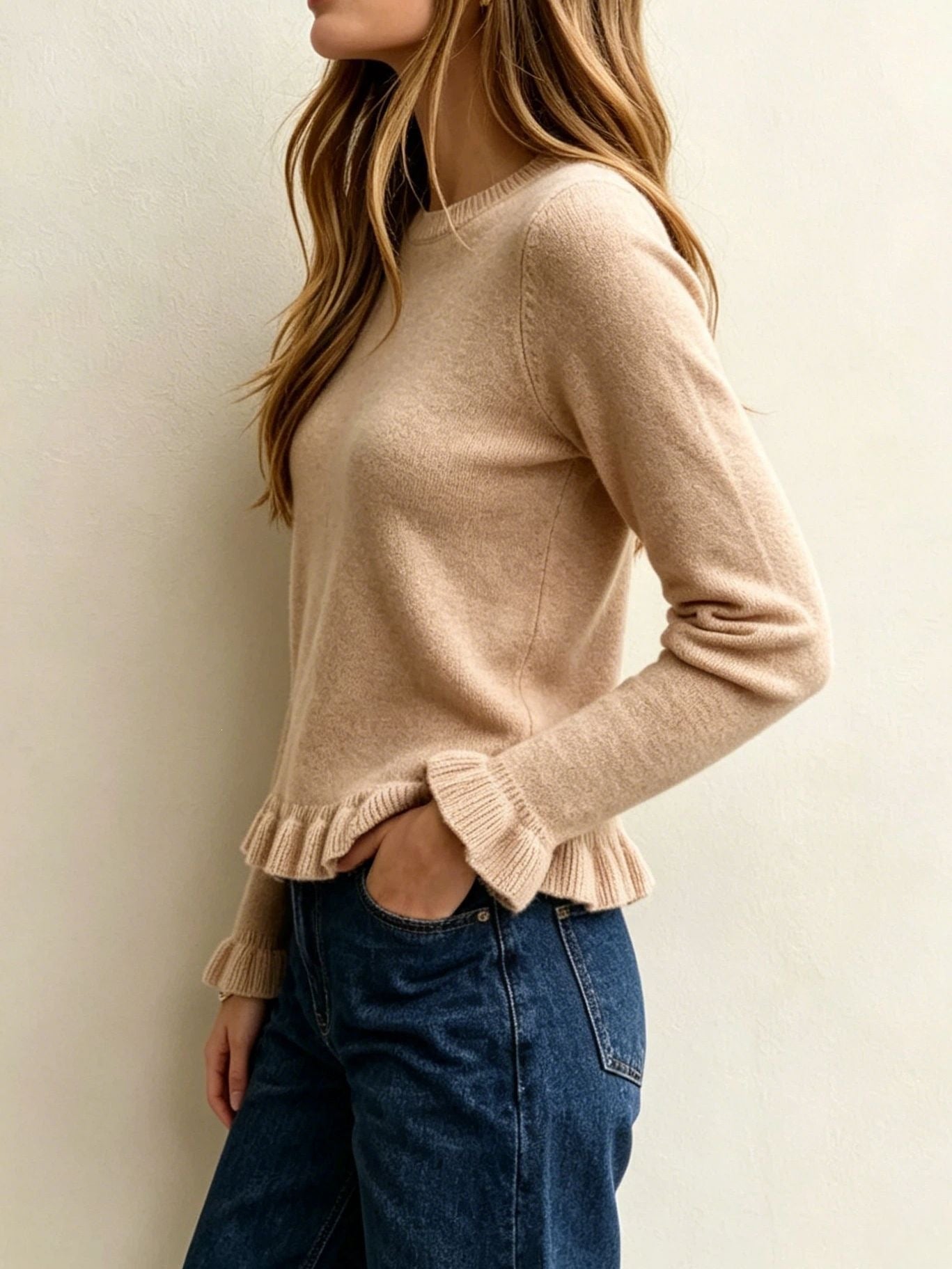 Ruffle Hem Knit Sweater Crew Neck Long Sleeve Top