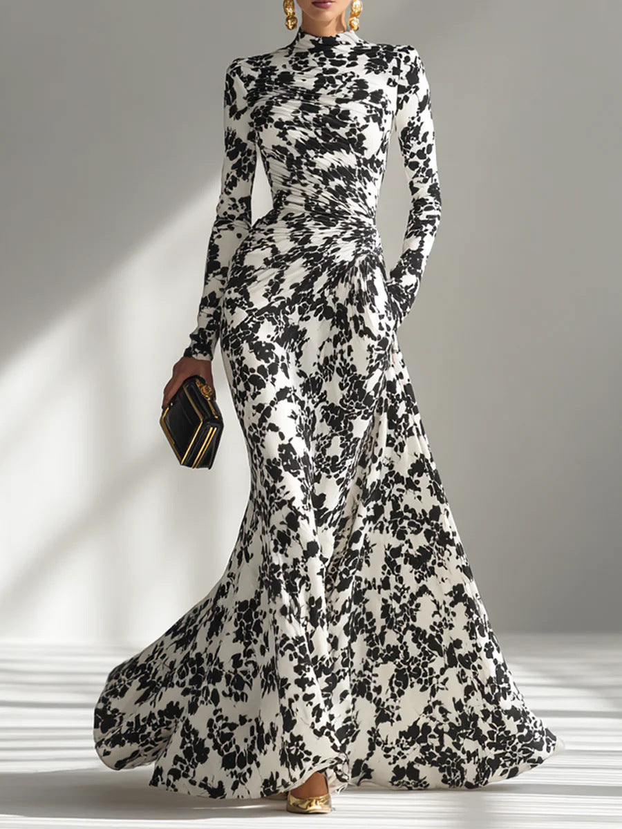 Women's Elegant Floral Ruched Long Sleeve Maxi Dress