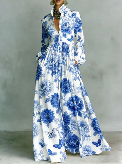Vintage Floral Maxi Dress Long Sleeve Button Down Pockets