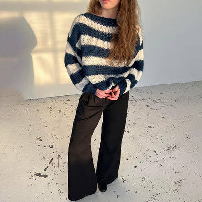 Women's Oversized Striped Chunky Knit Crew Neck Sweater