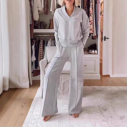 V Neck Two Piece Lounge Set Wide Leg Pants