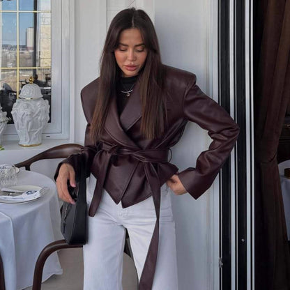 Belted Faux Leather Jacket Women Moto Blazer