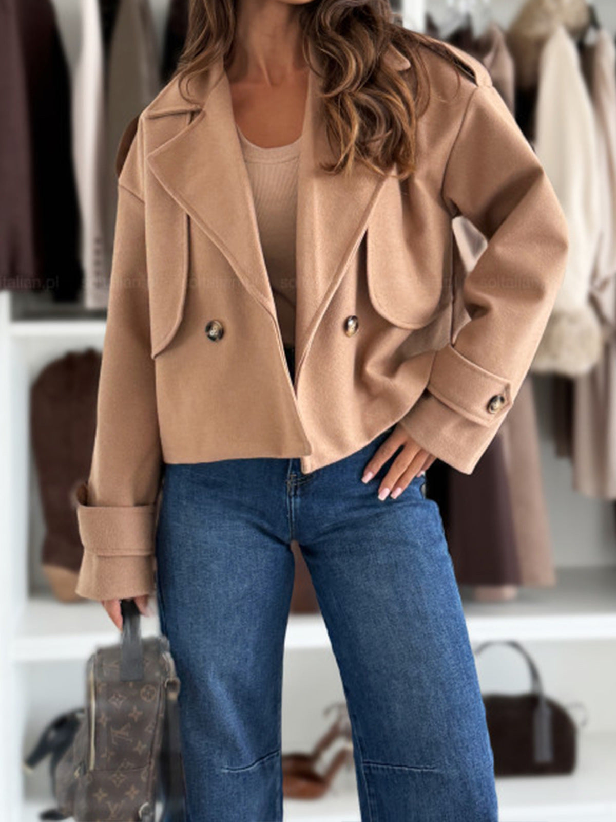 Women's Cropped Lapel Jacket Oversized Woven Coat