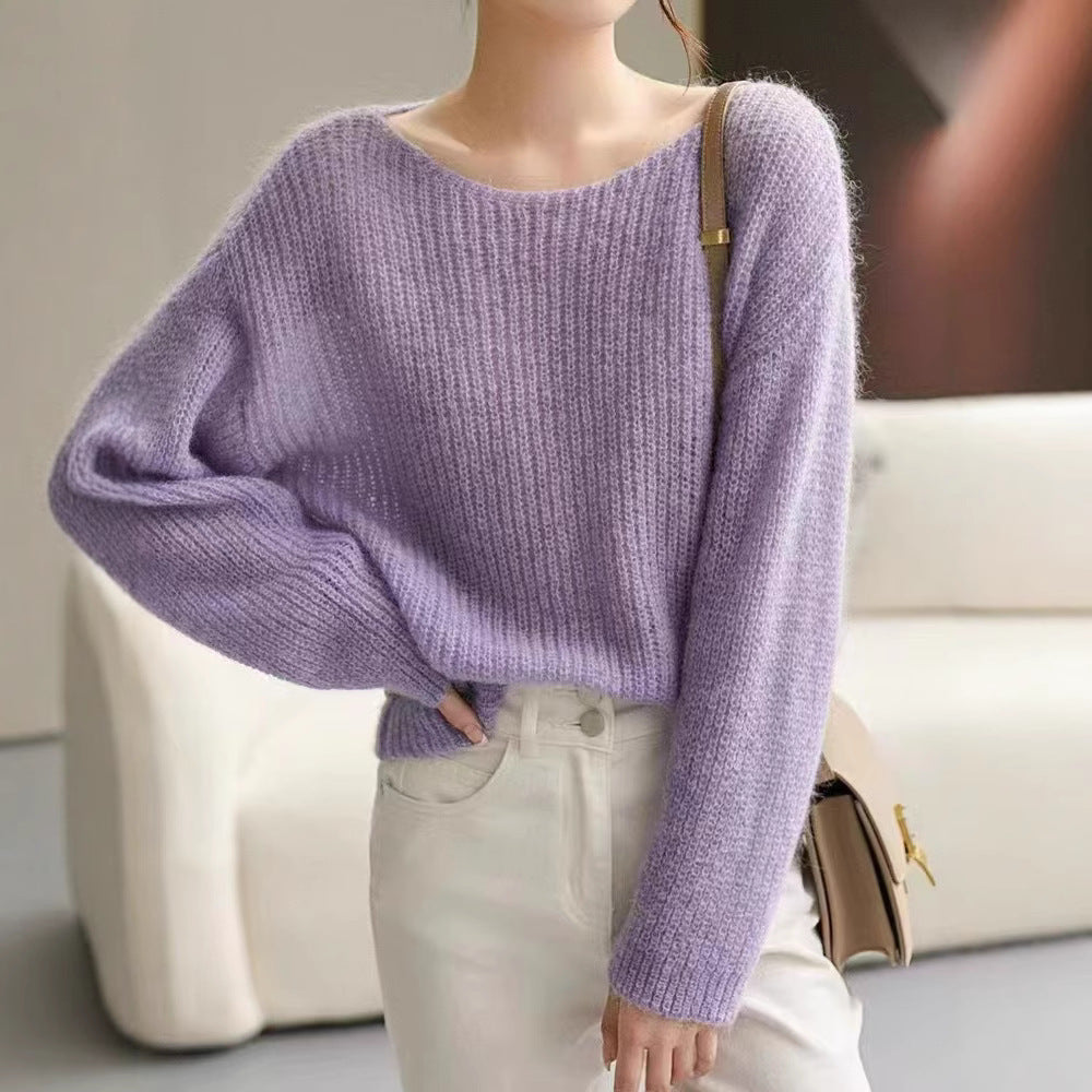 Womens Fuzzy Oversized Sheer Sweater Boat Neck White