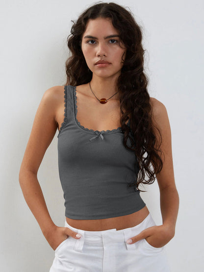 Ribbed Lace Trim Cami Top Slim Fit Cropped Tank