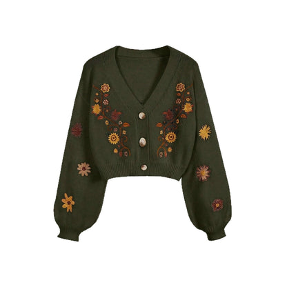 Vintage Floral Embroidered V-Neck Balloon Sleeve Cardigan