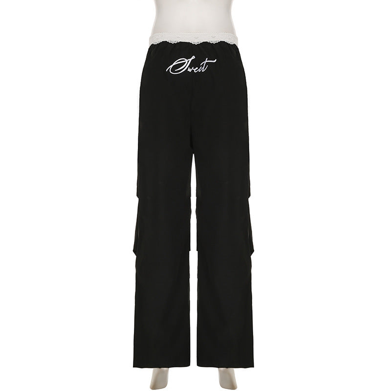 Lace Trim High Waist Baggy Cargo Pants Wide Leg