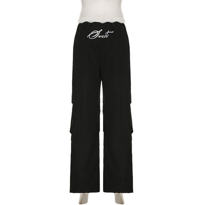 Lace Trim High Waist Baggy Cargo Pants Wide Leg