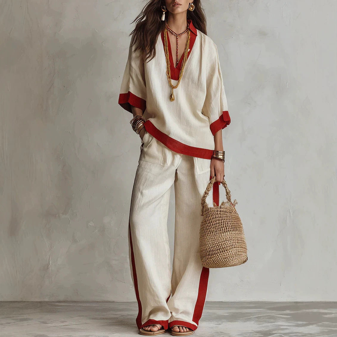 Women's Colorblock V-Neck Wide Leg Pants 2 Piece Set