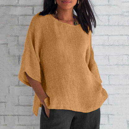 Women's Oversized Linen Blend 3/4 Sleeve Side Slit Top