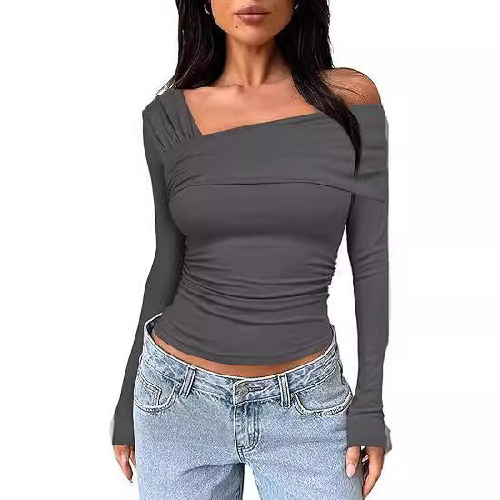 Women's Y2K One Shoulder Ruched Long Sleeve Crop Top