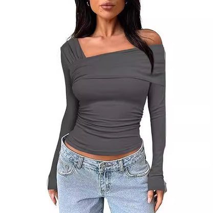 Women's Y2K One Shoulder Ruched Long Sleeve Crop Top