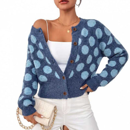 Women's Polka Dot Cropped Blue Knit Cardigan