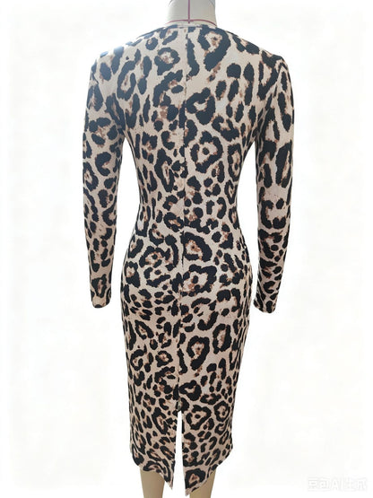 Leopard Print Long Sleeve Bodycon Slit Midi Dress