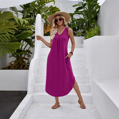 V Neck Sleeveless Pocket Midi Dress Casual Swing Sundress