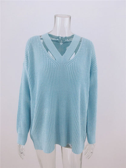 Women's Oversized V Neck Backless Chunky Knit Sweater