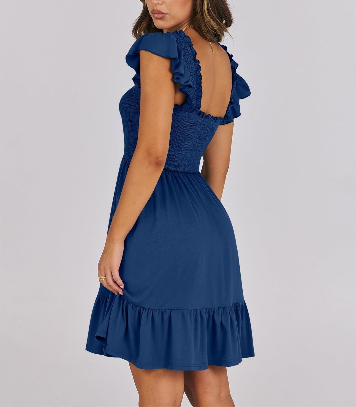 Smocked Square Neck Ruffle Sleeve Midi Dress