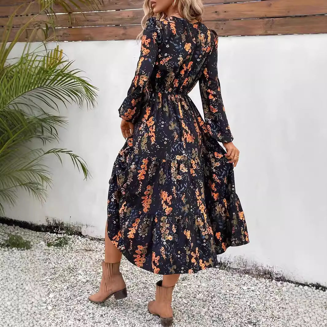 Women's Smocked Floral Long Sleeve Maxi Dress Casual Flowy