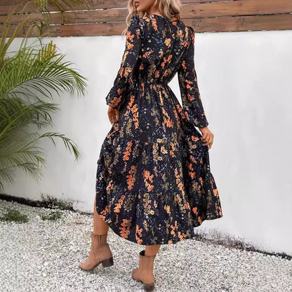 Women's Smocked Floral Long Sleeve Maxi Dress Casual Flowy