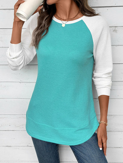 Colorblock Waffle Knit Long Sleeve Top Women Casual Tee