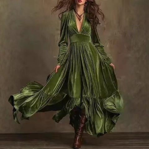 Women's Velvet Tiered Maxi Dress V Neck Long Sleeve