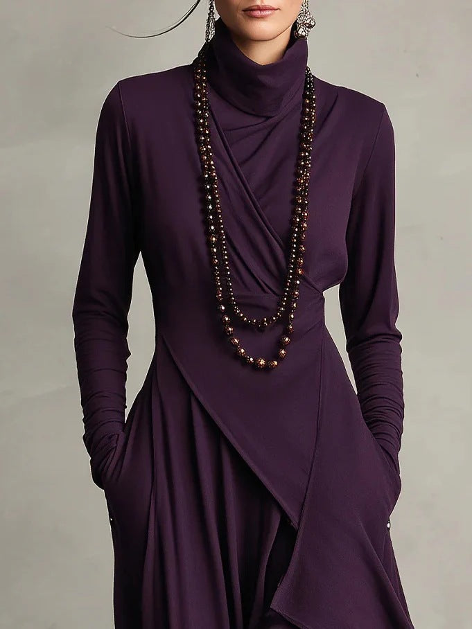 Long Sleeve Mock Neck Knit Draped Maxi Dress