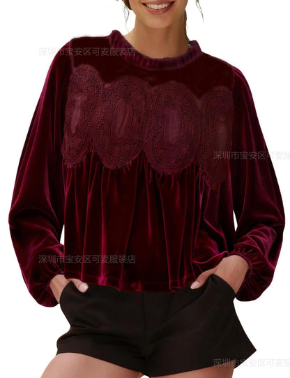 Velvet Ruffle Neck Lace Panel Long Sleeve Blouse Women