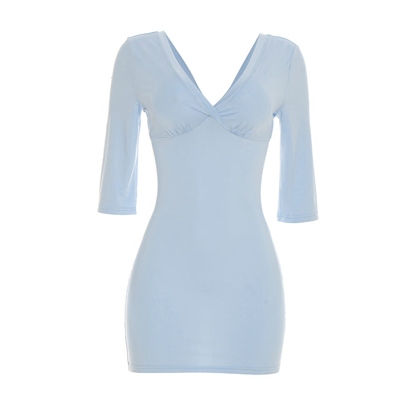 Sexy V Neck Backless Bodycon Mini Dress 3/4 Sleeve