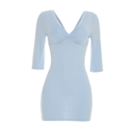 Sexy V Neck Backless Bodycon Mini Dress 3/4 Sleeve
