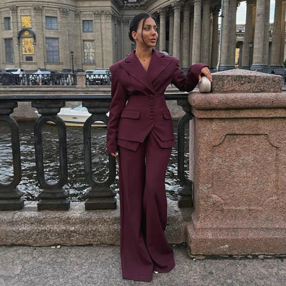 Women's V-Neck Blazer Wide Leg Pants Suit Set