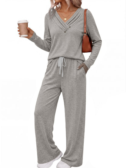 Casual V-Neck Button Top Wide Leg Pants Matching Set