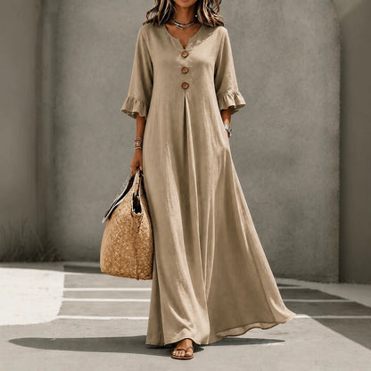 Women's V-Neck Boho Maxi Dress Ruffle Sleeve with Pockets