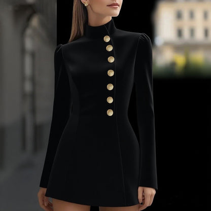Elegant High Neck Button Front Long Sleeve Mini Dress