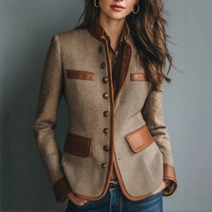 Women's Vintage Contrast Leather Tweed Blazer