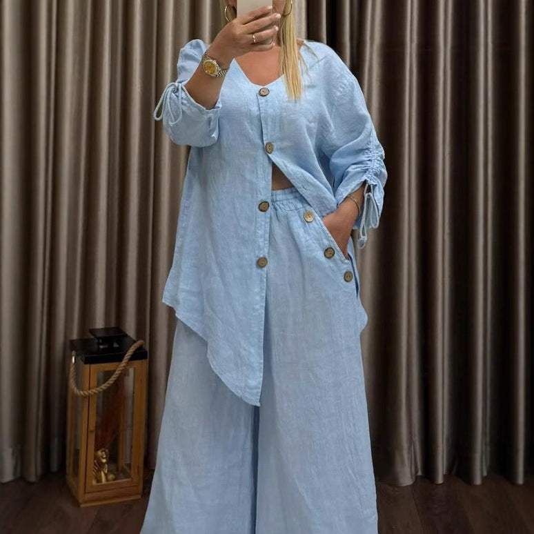 Women's Linen Two Piece Cardigan Wide Leg Pants Set
