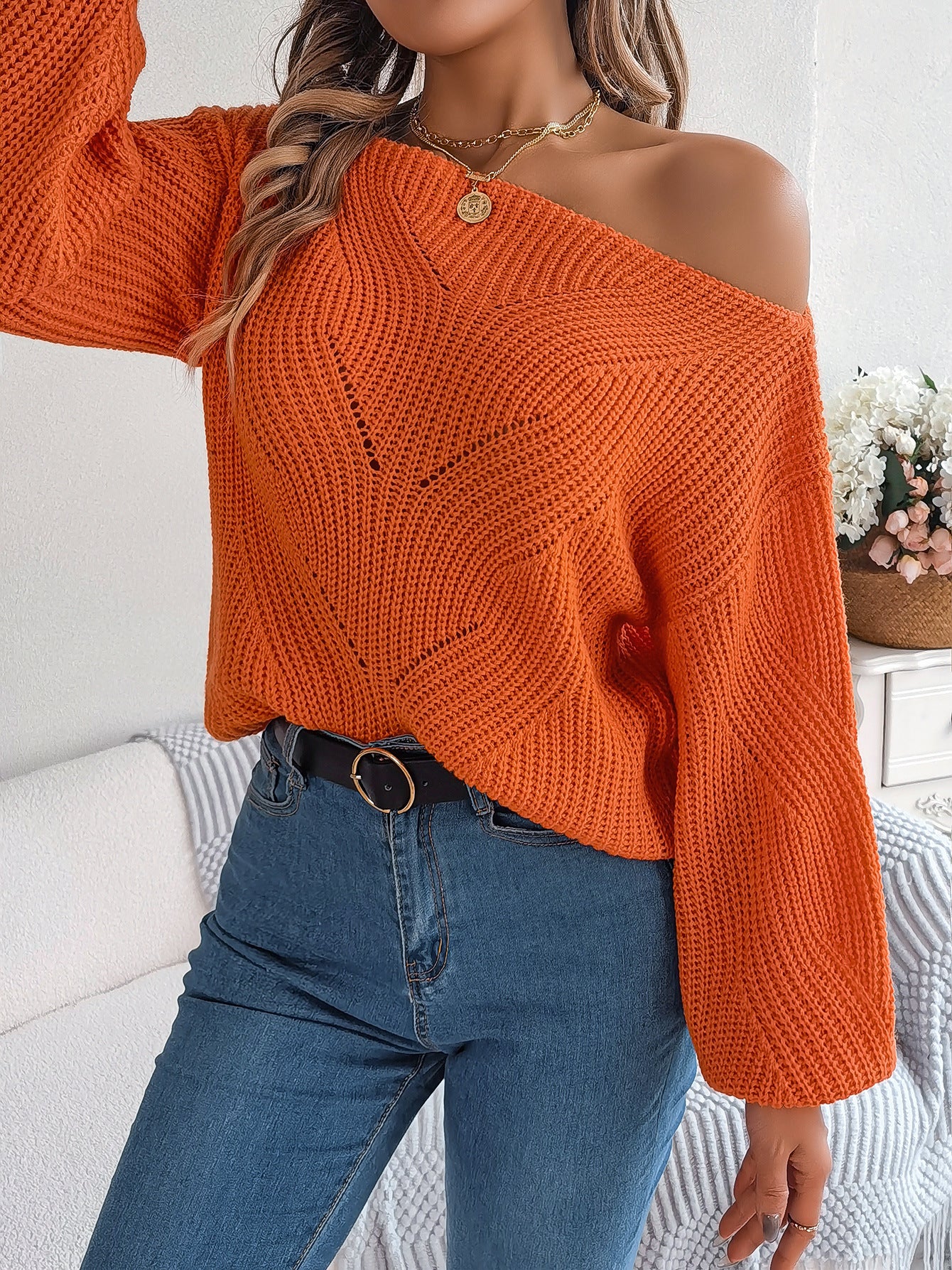 Women's Casual Hollow One-word Neck Off-the-shoulder Lantern Sleeve Sweater