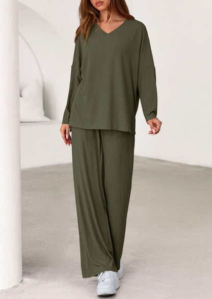 Women's Two Piece Ribbed Lounge Set Wide Leg Pants
