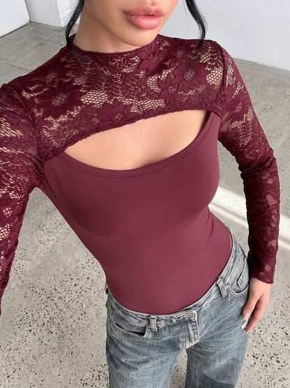 Lace Cutout Bodysuit Mock Neck Flare Sleeve Fitted Top