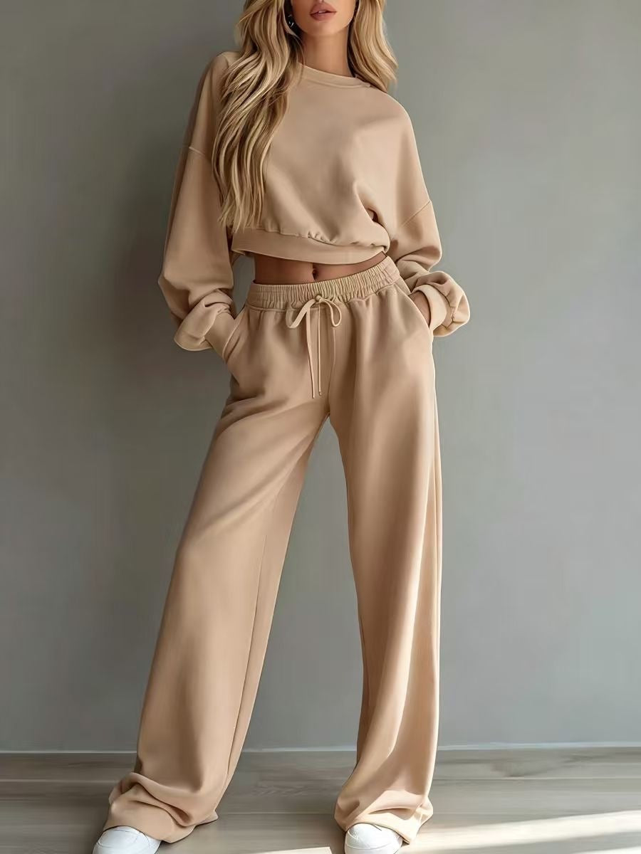 Women's Solid Lounge Set Crop Sweatshirt Wide Leg Pants