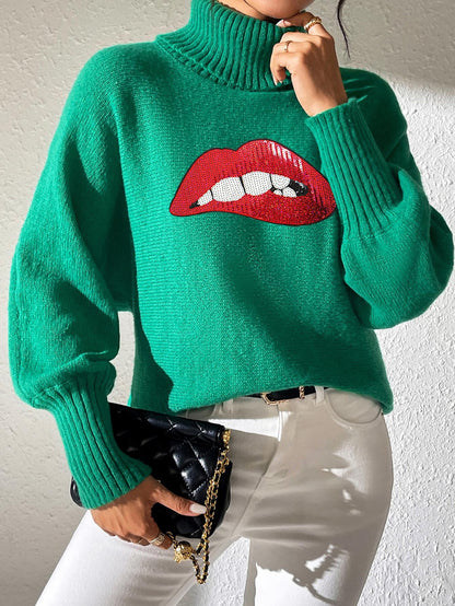 Ladies Bottom Shirt Sequin Embroidered Lip Turtleneck