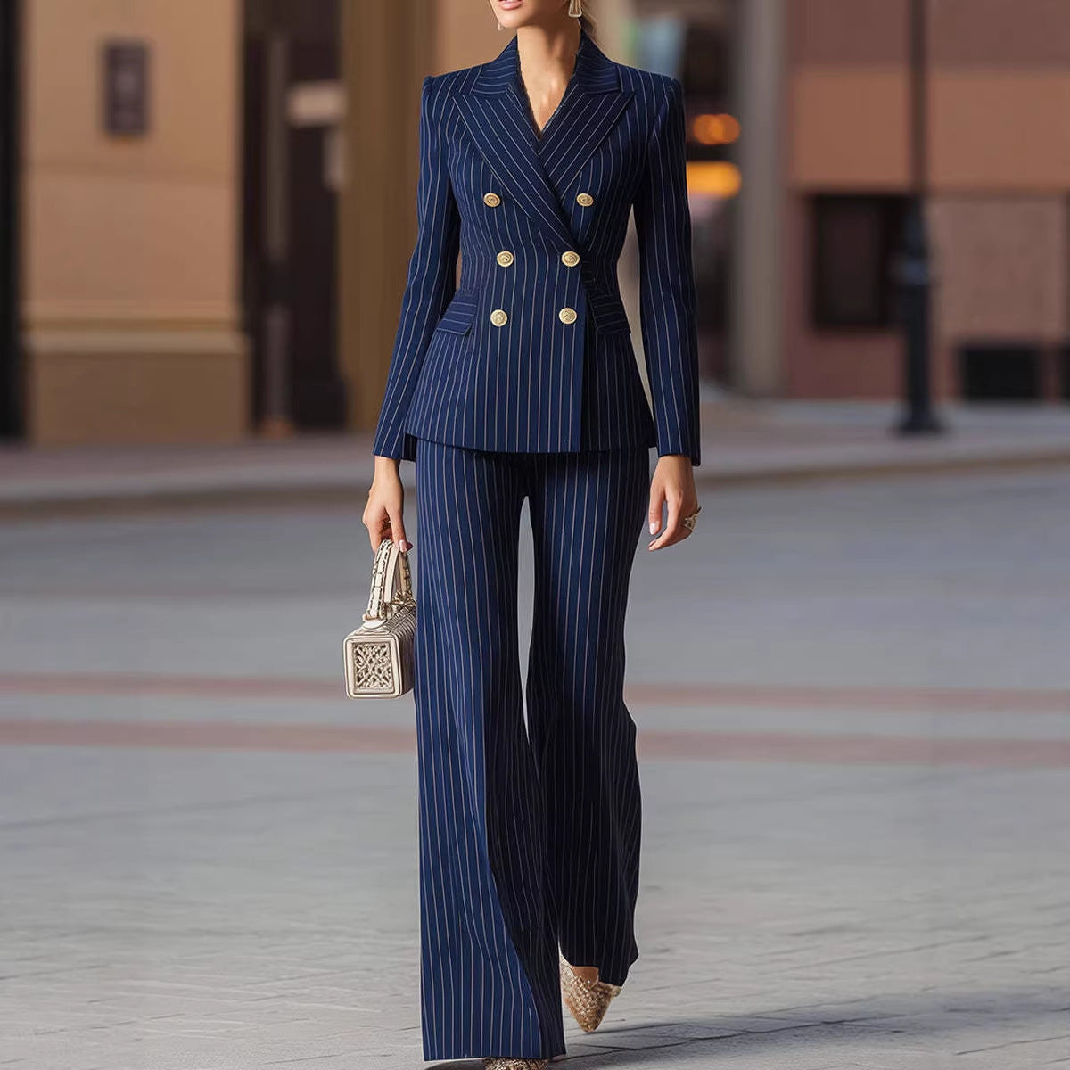 Women's Pinstripe Blazer Wide Leg Pant Suit Set