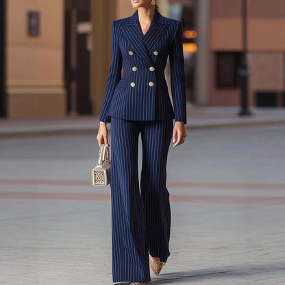 Women's Pinstripe Blazer Wide Leg Pant Suit Set