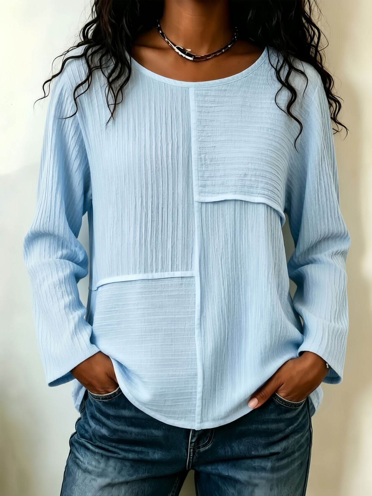 Women's Oversized Patchwork Crew Neck Long Sleeve Top