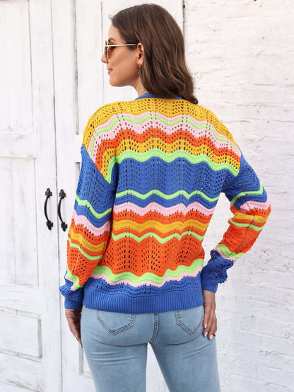 Women's Rainbow Patchwork Striped Sweater Jacket