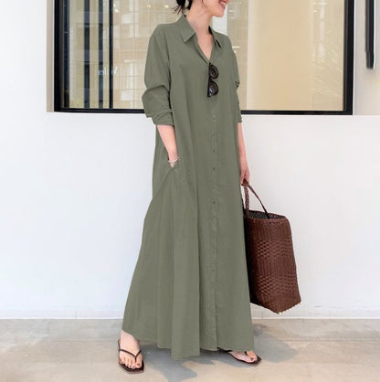 Women's Cotton Linen Maxi Shirt Dress Long Sleeve Pockets