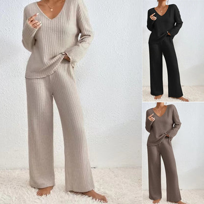 Ribbed Knit V-Neck Top Wide Leg Pants Two Piece Set