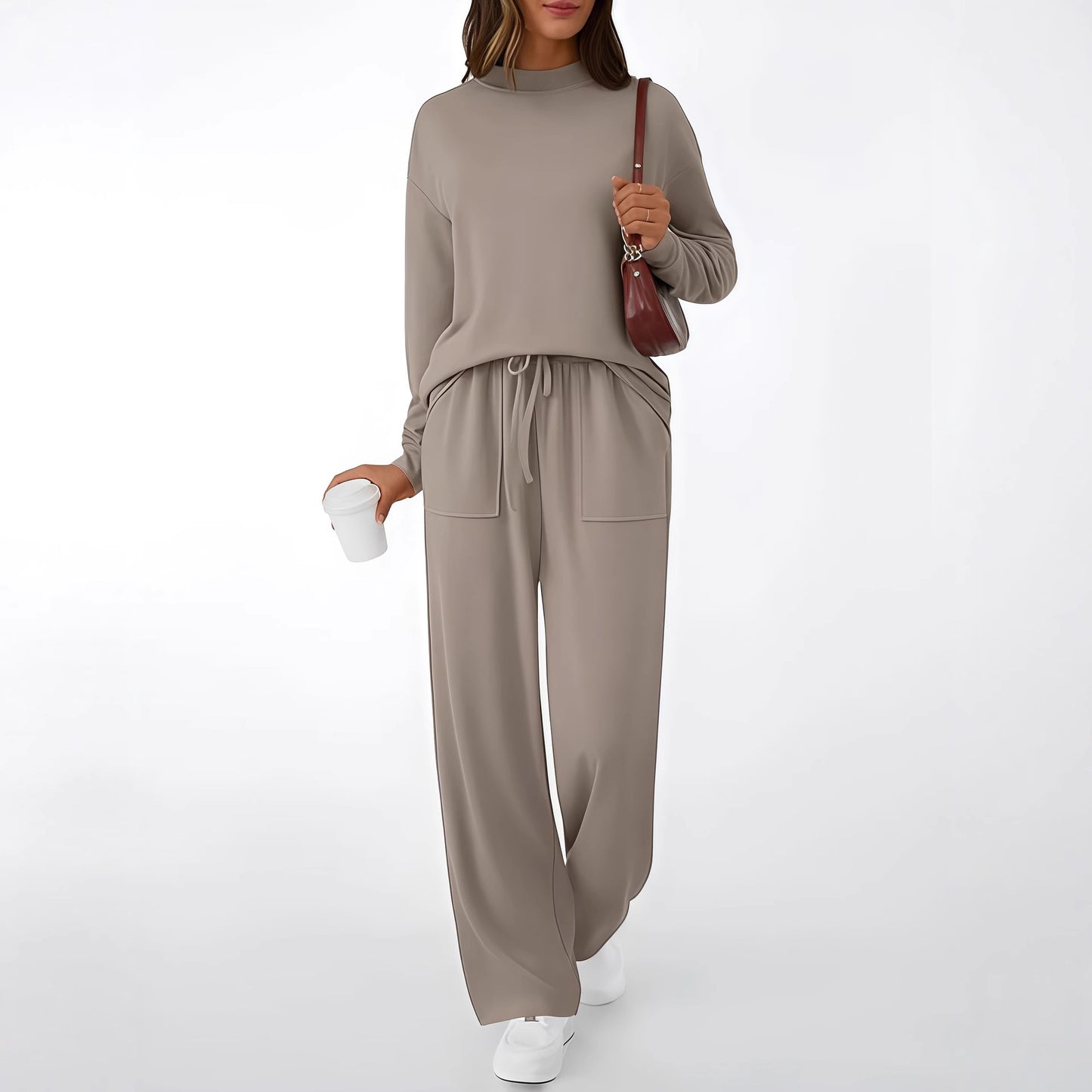 Women's Matching Lounge Set Mock Neck Wide Leg Pocket Pants