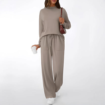 Women's Matching Lounge Set Mock Neck Wide Leg Pocket Pants