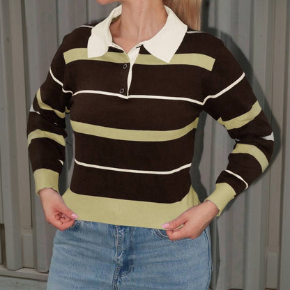 Striped Cropped Polo Sweater Button Front Fitted Knit Top